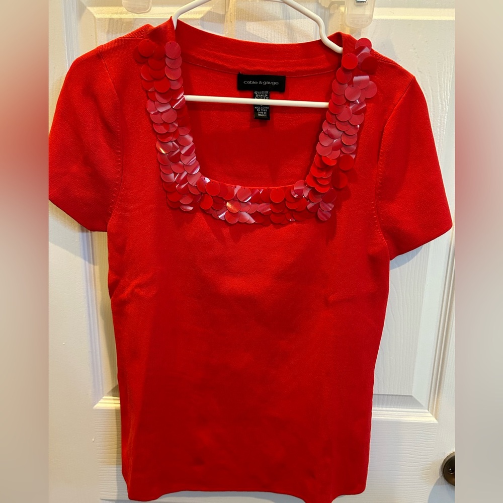 Cable and Gauge Red Short-Sleeve Sweater with Large Sequin Detail